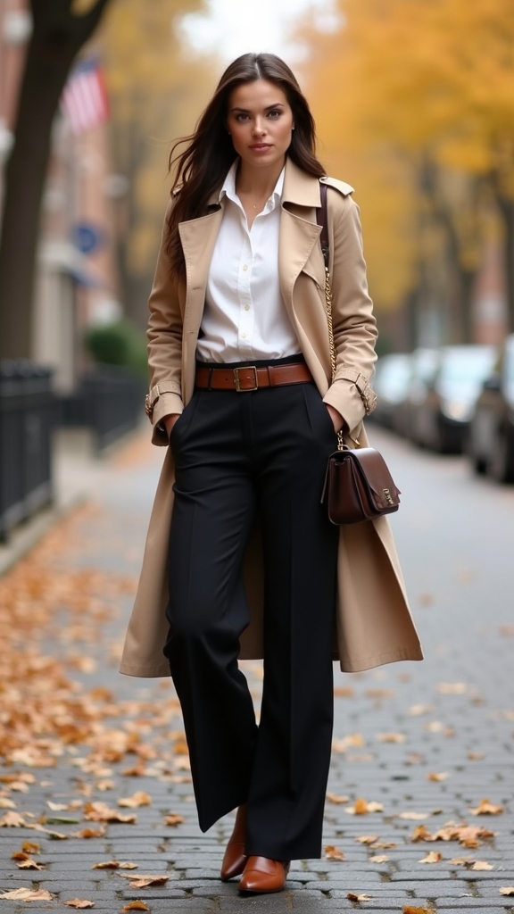 20 Chic Fall Work Outfits 3 trench coat with wide leg pants