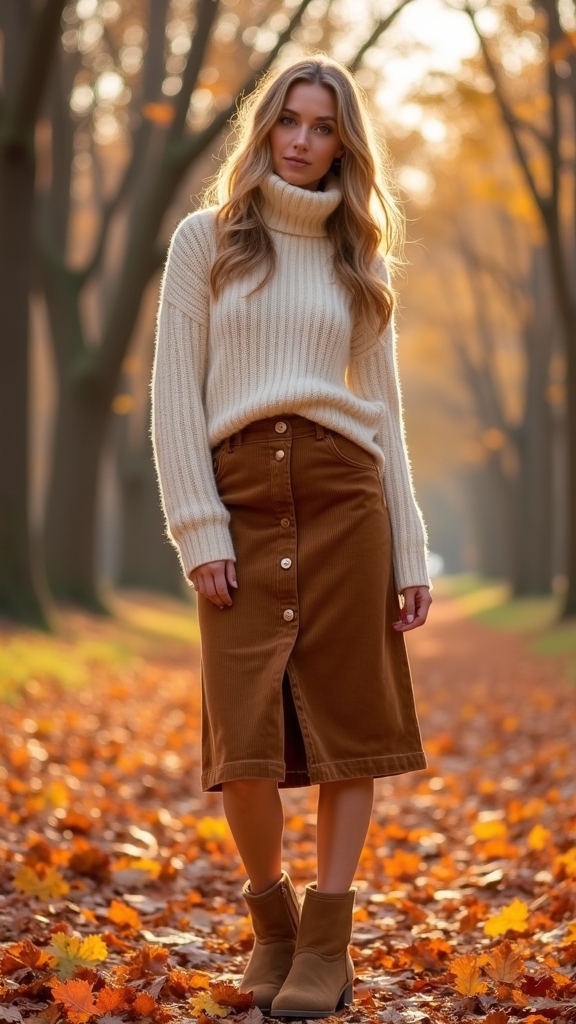 turtleneck and corduroy skirt