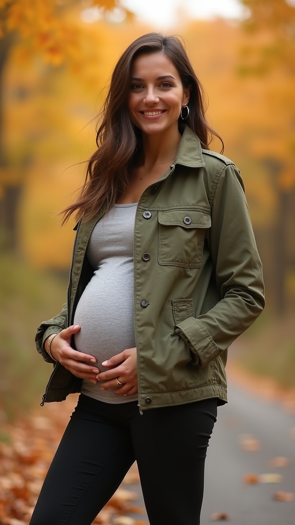 20 Cozy and Chic Fall Maternity Outfits 5 utility jacket with leggings