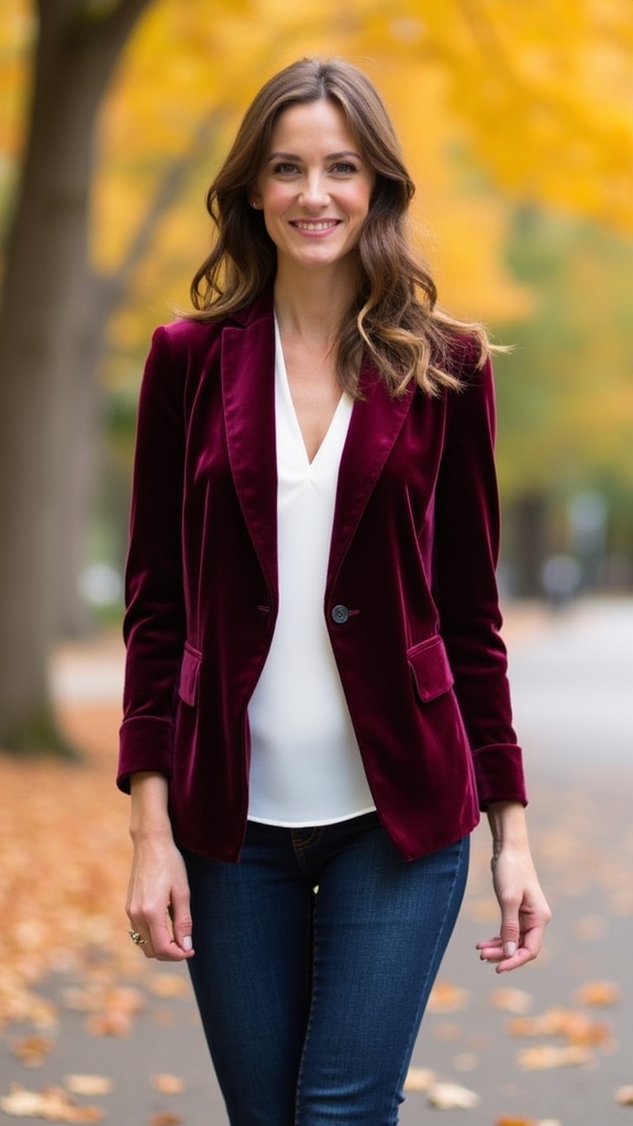 20 Chic Fall Work Outfits 19 velvet blazer slim fit jeans