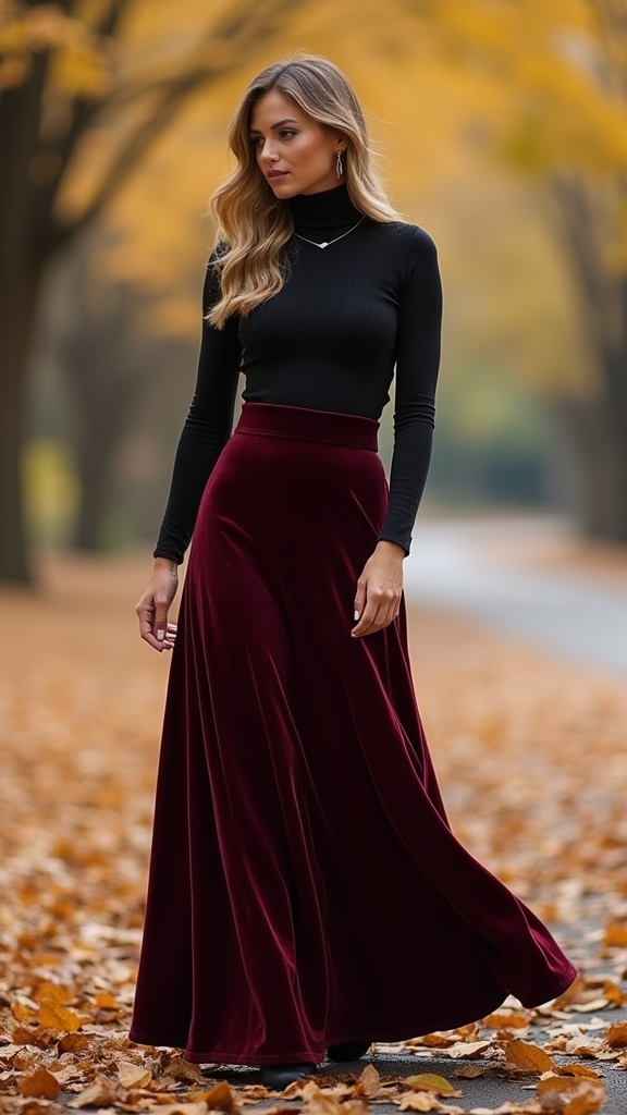 20 Chic Fall Long Skirt Outfits 3 velvet skirt and turtleneck combo