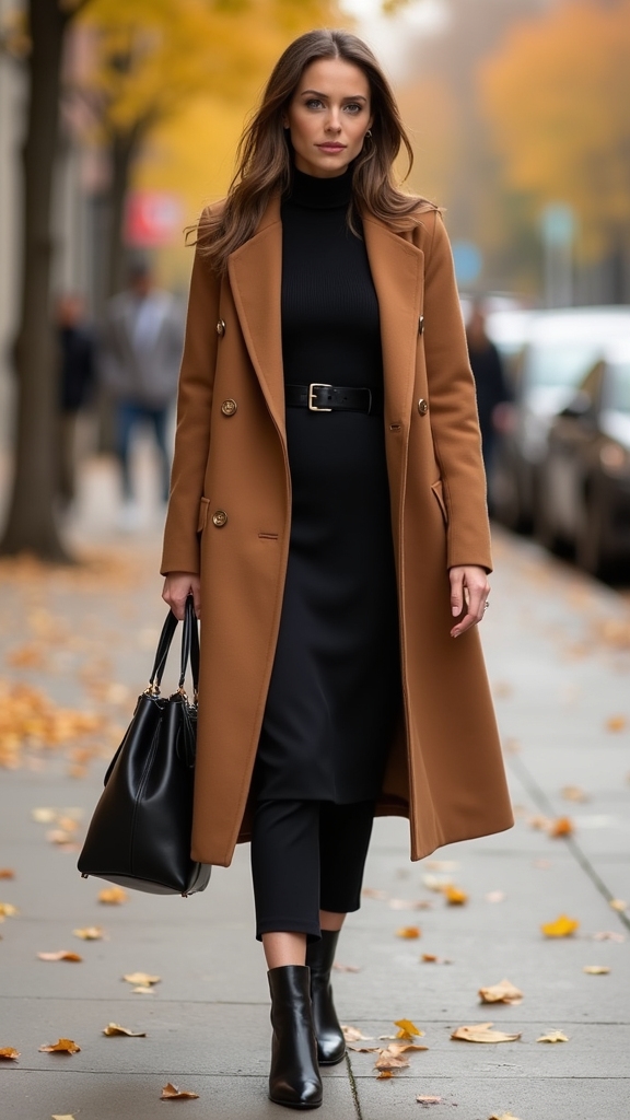 wool coat turtleneck dress combo